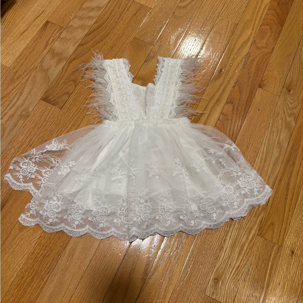White Lace & Tulle Baby Dress with Feather Trim